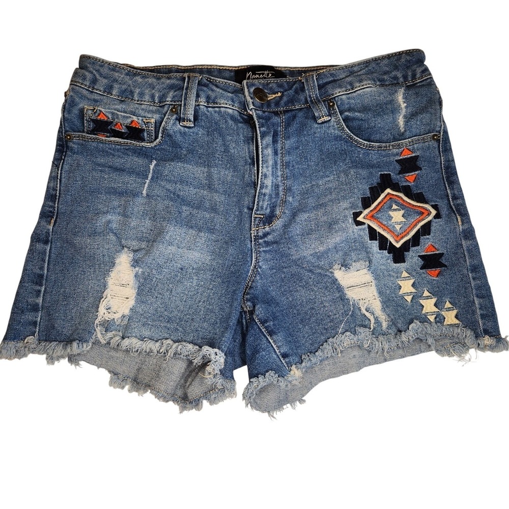NANETTE Distressed Denim Shorts Women 6 Embroidered Southwest Mid-rise